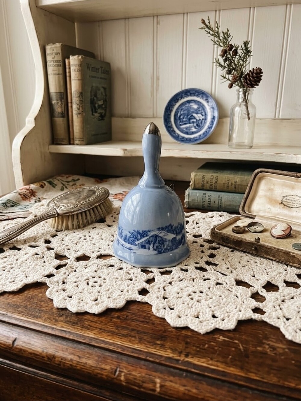 Vintage Blue & White Ceramic Winter Scene Bell - Silver Handle